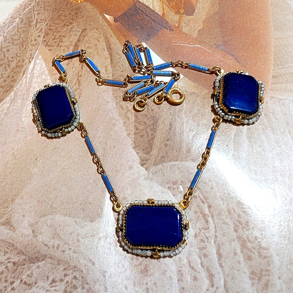 RARE Antique German Lapis Glass Seed Bead Necklace - Picture 3 of 7